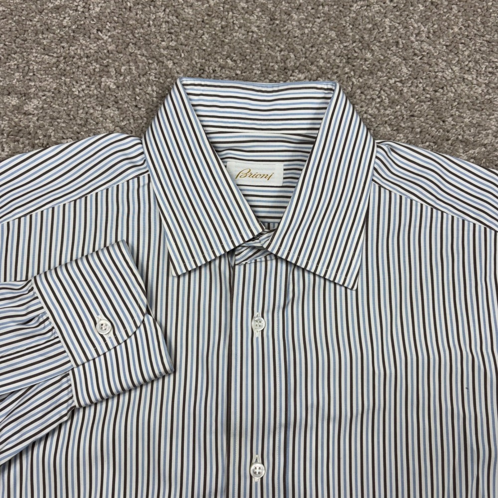 Brioni Mens Striped Dress Shirt White Blue Brown Made in Italy Size‎ 16 41